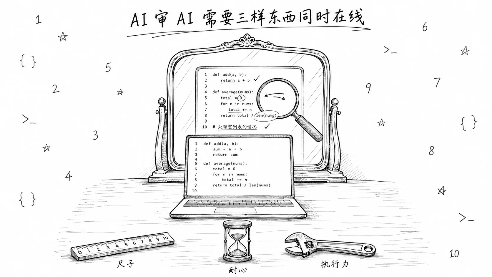 AI照镜子自我审查，桌面三要素：尺子、沙漏、扳手