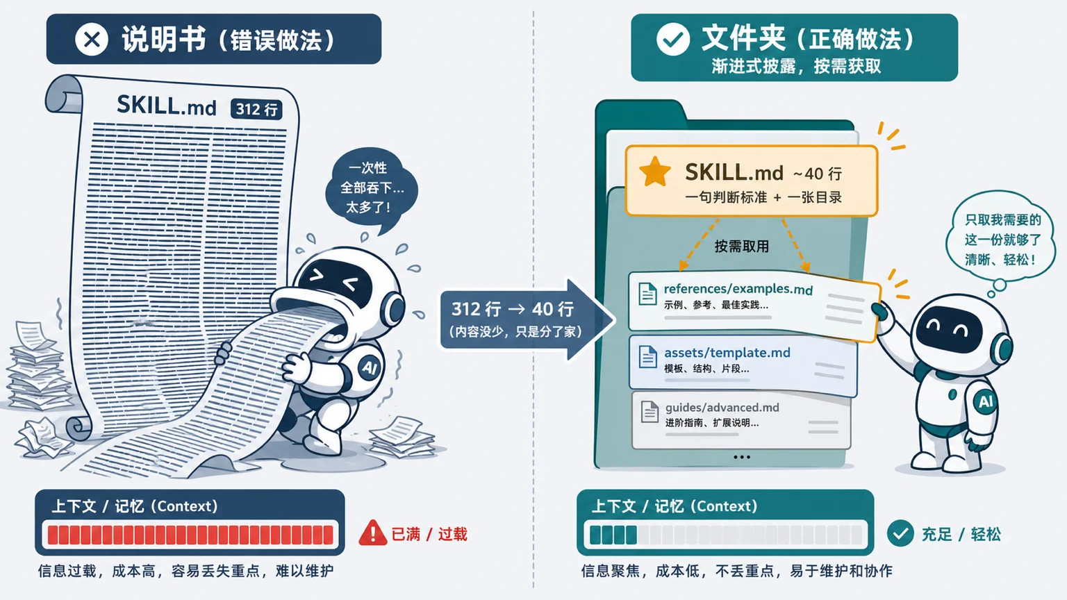 progressive disclosure：SKILL.md 是入口，详情分家按需读取